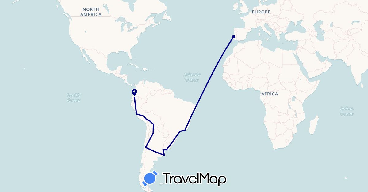 TravelMap itinerary: driving in Argentina, Bolivia, Brazil, Chile, Ecuador, Peru, Portugal, Uruguay (Europe, South America)