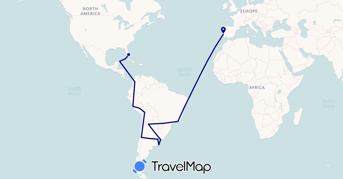 TravelMap itinerary: driving in Argentina, Bolivia, Brazil, Chile, Colombia, Cuba, Mexico, Peru, Portugal, United States, Uruguay (Europe, North America, South America)